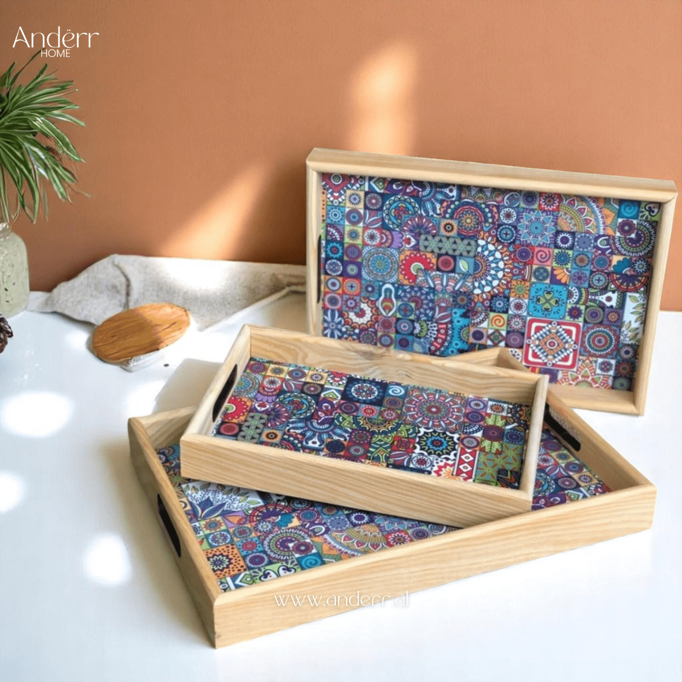 3-piece wooden tray set - tile pattern