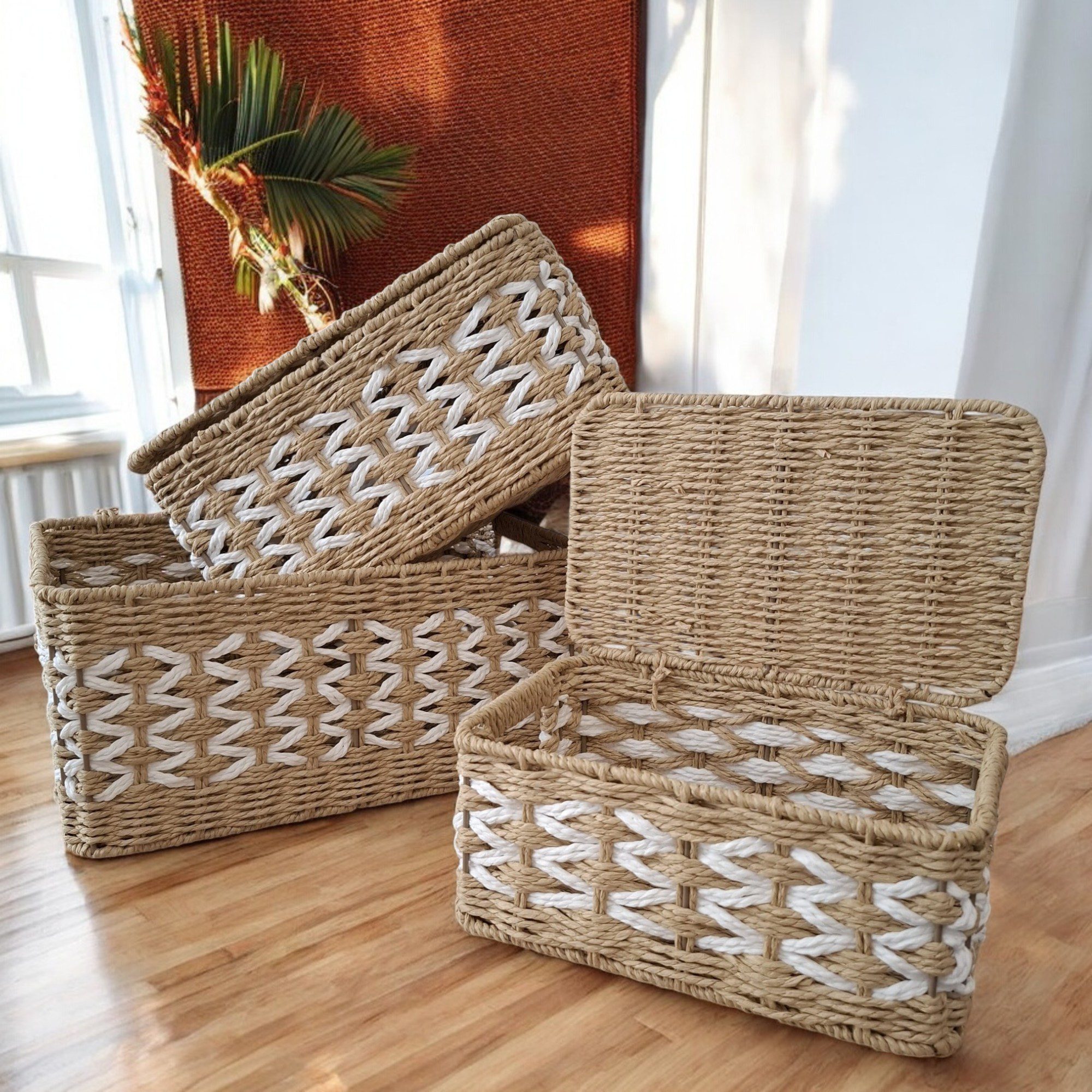 Плетена корпа и капак 39×28×19cm - комплет од 3 дела